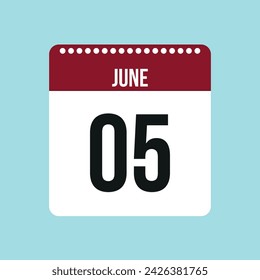 5 June calendar vector icon. Red and black June date for the days of the month and the week on a light background