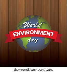 5 june celebration world environment day vector label or banner with earth globe isolated on wooden background