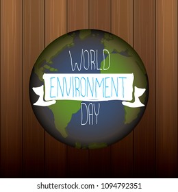5 june celebration world environment day vector label or banner with earth globe isolated on wooden background