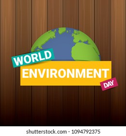 5 june celebration world environment day vector label or banner with earth globe isolated on wooden background