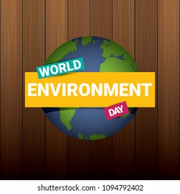 5 june celebration world environment day vector label or banner with earth globe isolated on wooden background