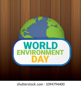 5 june celebration world environment day vector label or banner with earth globe isolated on wooden background
