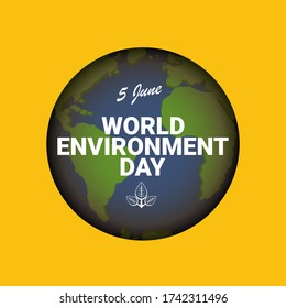 5. Juni feiern Welt-Umwelt-Tag Vektor-Etikett oder Banner mit Erde Globus isoliert auf orangefarbenem Hintergrund