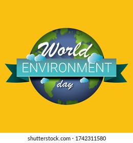 5 de junio celebración Día mundial del medio ambiente etiqueta vectorial o cartel con globo terrestre aislado en fondo naranja