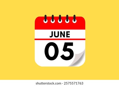 5 June month single day vector, illustration, calendar with red, black, white and yellow color background calendar June 5