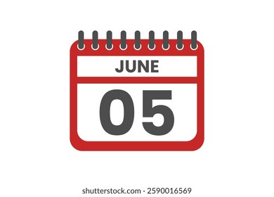 5 June month single day vector, illustration, calendar with red, black and white color background calendar June 5