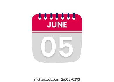 5 June month single day vector, illustration, calendar with red, off white and white color background calendar June 5