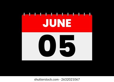5 June month single day vector, illustration, calendar with red, off-white and black color background calendar icon of June 5