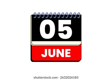 5 June month single day vector, illustration, calendar with red, black and white color background calendar icon of June 5