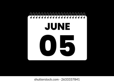 5 June month single day vector, illustration, calendar with black and white color background calendar icon of June 5