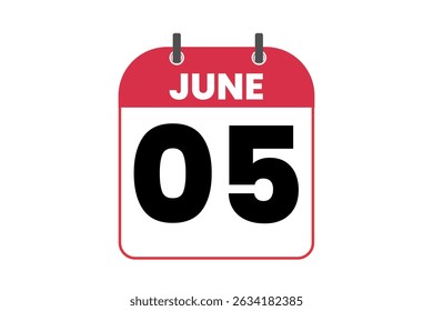 5 June month single day vector, illustration, calendar with red, black and white color background calendar icon of June 5