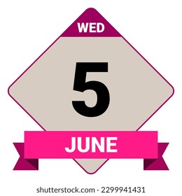 5 June, Wednesday. Date template. Useful design for calendar or event promotion. Vector illustration EPS 10 File. Isolated on white background. 