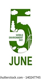 5 June - world environment day concept. Vertical design for web banners, posters, cards etc. Vector template in paper cut style.