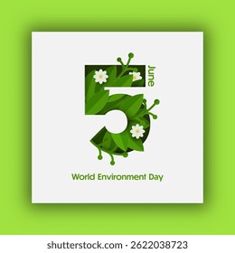 5 de junho, Dia Mundial do Ambiente Texto decorado com folhas verdes e flores Design usado para cartaz.