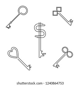 5 keys set on white isolated background. hand drawn. sketch