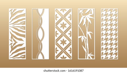 5 Laser cut vector panels (ratio 1:3). Cutout silhouette with animal skin, bamboo, rope, hounds tooth, flowers. The set is suitable for engraving, laser cutting wood, metal, stencil manufacturing.