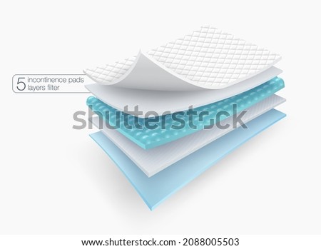 5 layers of filter material details for high absorbent mattress protection sheet. used for advertising Baby and adult diapers, lining pads, pet absorbent pads, sanitary napkins. Realistic EPS file.