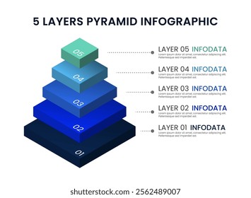 5 layers pyramid infographic template. 3D isometric diagram for layer, level, step, hierarchy, list. Isolated vector for banner, poster, presentation, infographic,  web, apps, and other uses. 