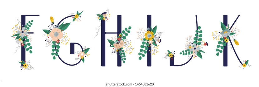 Сollection With 5 Letter Of Floral Alphabet - F, G, H, I, J, K. Spring And Summer Alphabet Decorated With Bouquets Of Flowers. Hand Drawn Isolated Vector Illustration