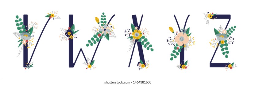 Сollection with 5 letter of floral alphabet - v, w, x, y, z. Spring and summer alphabet decorated with bouquets of flowers. Hand drawn isolated vector illustration
