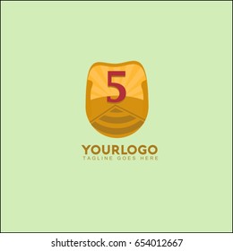 5 letter landscape vector illustration with mountain, sun and road. Vintage brand identity.