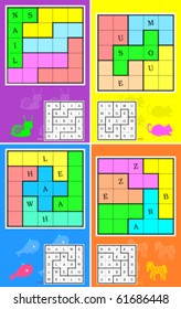 5 letters jigsaw mini-Sudoku. Snail, Mouse, Whale, Zebra. Easy.