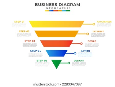 5 Level Modern Sales funnel diagram, presentation vector infographic. Infographic template for business