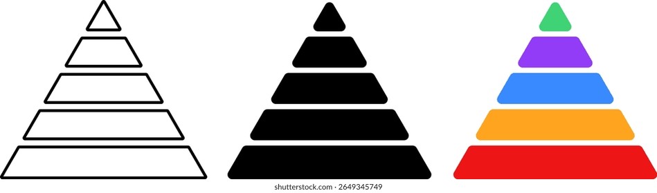 5 level Triangular pyramid colorful icon. Pyramid infographic set. triangular pyramid infographics. educational materials. diagrams with ascending levels
