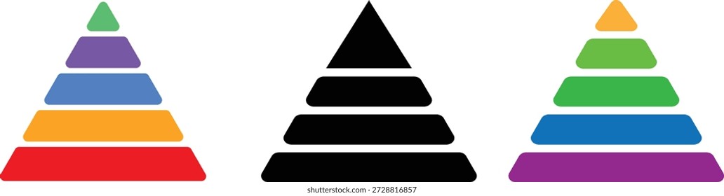 Icono colorido de la pirámide triangular de 5 niveles. Signos de éxito y estrategia. Símbolos de jerarquía empresarial. materiales educativos. diagramas con niveles ascendentes
