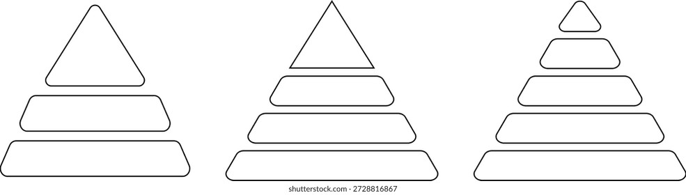 Icono colorido de la pirámide triangular de 5 niveles. Signos de éxito y estrategia. Símbolos de jerarquía empresarial. materiales educativos. diagramas con niveles ascendentes
