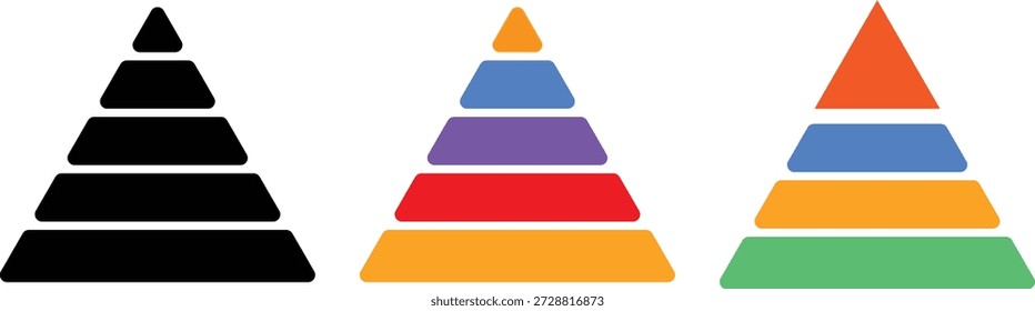 Icono colorido de la pirámide triangular de 5 niveles. Signos de éxito y estrategia. Símbolos de jerarquía empresarial. materiales educativos. diagramas con niveles ascendentes
