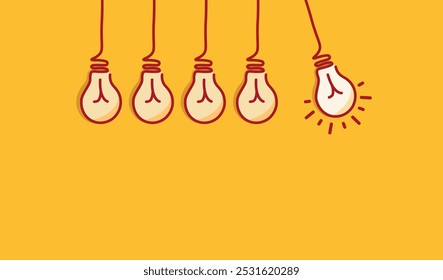 5 light bulbs on a yellow background. The line is glowing. The idea of a banner with a light bulb or a website. Vector illustration.