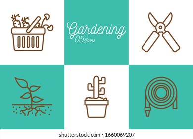5 line style icon set design, Gardening garden planting nature ecology outdoors and botany theme Vector illustration
