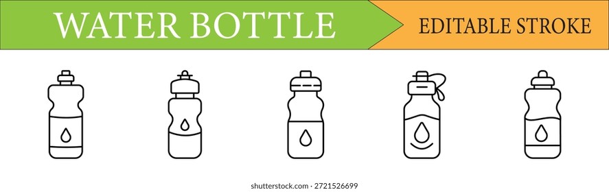 5 iconos lineales de la botella de agua con el símbolo de la gota de agua. Ideal para deportes, salud y diseño de interfaz de usuario de fitness. Cuenta con trazos editables. Formato de Vector.