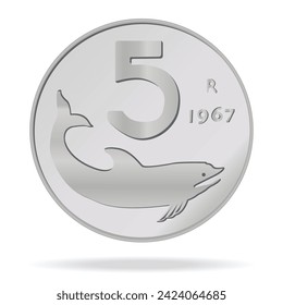 5 Lire of Italy in front. Vector illustration on a white background is made in 3D style