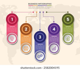 5 list of circular layout diagram with icons, infographic element template