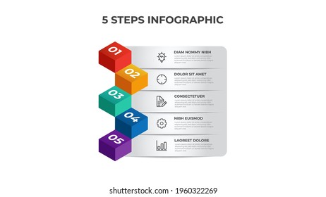 5 list of steps diagram, row layout with isometric number sequence, infographic element template vector
