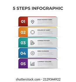 5 list of steps diagram, vertical row layout with number of sequence and icons, infographic element template