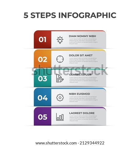 5 list of steps diagram, vertical row layout with number of sequence and icons, infographic element template