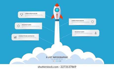5 list of steps, layout diagram with stair level sequence, infographic element template with rocket startup launch illustration