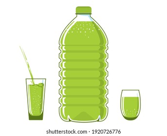 Frasco de 5 litros, matraz de agua de plástico. Lleno de líquido verde. Gafas completas cerca. El agua se vierte en una taza. Los elementos están aislados en un fondo blanco