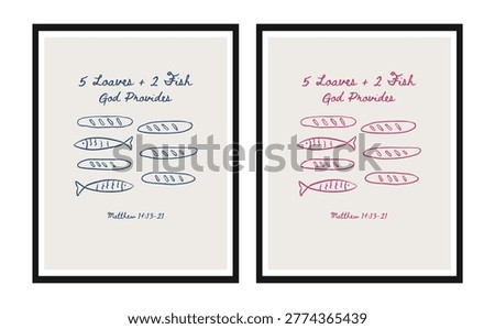 5 Loaves and 2 Fish, God Provides, Bible Verse Illustration Set, Christian Line Symbols Sketch, Religion Hand Drawn Art, Biblical symbols doodle