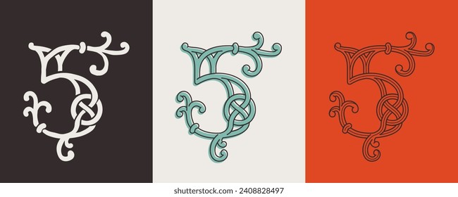 5 logo. Celtic number Five monograms. Insular style initial with knots and interwoven cords. British, Irish, or Saxons overlapping monogram. Medieval font for tattoo, St. Patrick day, and sportswear.