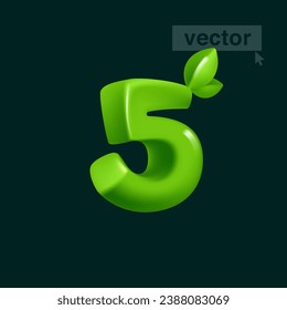 5 logo. Number five in 3D cartoon cubic style with green leaves. Eco-friendly vector illustration. Impossible isometric shapes. Perfect for nature banner, healthy food labels, garden, and grass adv.