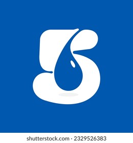 5 logotipo. Número cinco con gotas de rocío de agua azul. Icono de espacio negativo. Emblema de agua de primavera. Plantilla de vectores para la empresa de bebidas puras, afiches de natación, identidad de reciclaje de residuos, lucha contra la sequía y la sequía.