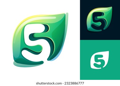 5 logo. Number five carved in green leaf. 3D realistic icon. Environment friendly forest initial in watercolor style. Font for botanical labels, floral headlines, recycle posters, organic cards.