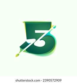 5 logo. Number five eco logo with green leaves and diagonal distortion, color shift effect. Eco-friendly vector. Lush foliage emblem. Perfect for nature banner, healthy labels, waste recycling icon.