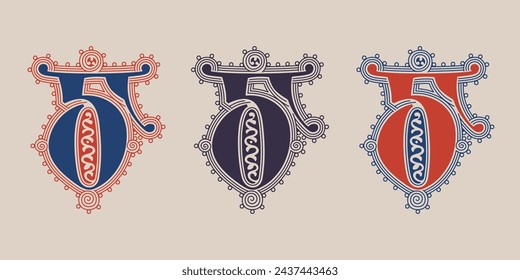 5 logo. Number five illuminated gothic monogram with naturalistic flowers ornament. Dark age german drop cap. Classic medieval red and blue Latin initials font based on XIV century manuscript.