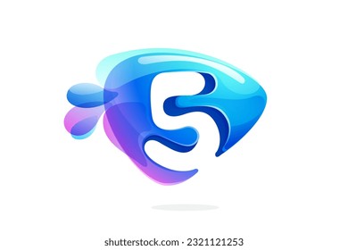 5 logo. Number five made of spring water and dew drops. Environment friendly initial. Pure eco emblem in overlapping watercolor style. 3D realistic icon in triangle arrow shape. Vector play button.