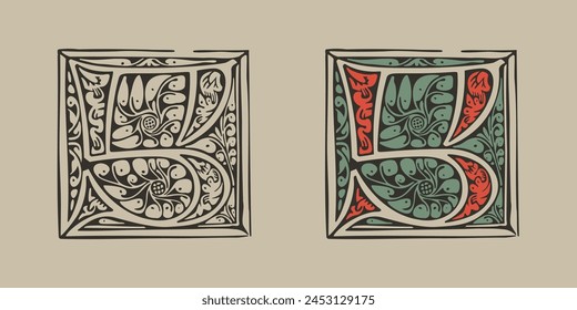 5 logotipo. Número cinco inicial gótico medieval iluminado por adornos de follaje. Gorra alemana grabada. Emblema pintado a mano de la Edad Oscura. Fuente clásica de Latina basada en el manuscrito de adorno del siglo XV.